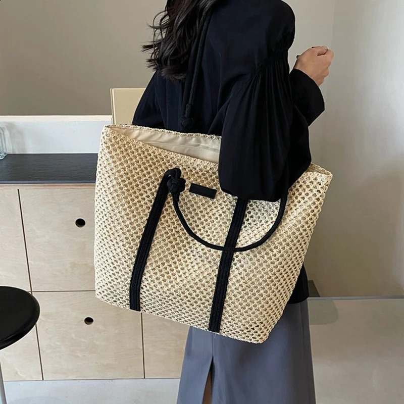 Summer Woven Straw Tote Bag Casual Beach Vacation Women Shoulder Bags Large Capacity Female Handbags Solid Color 240802