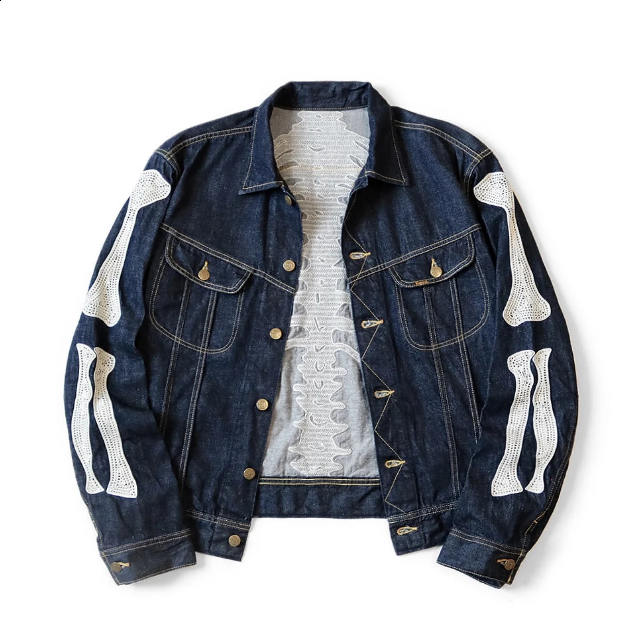 24SS KAPITAL Hirata Hiroshi Japanese Dark Blue Denim Lapel Bone Embroidery Loose Jacket High Quality Men Coats 240802