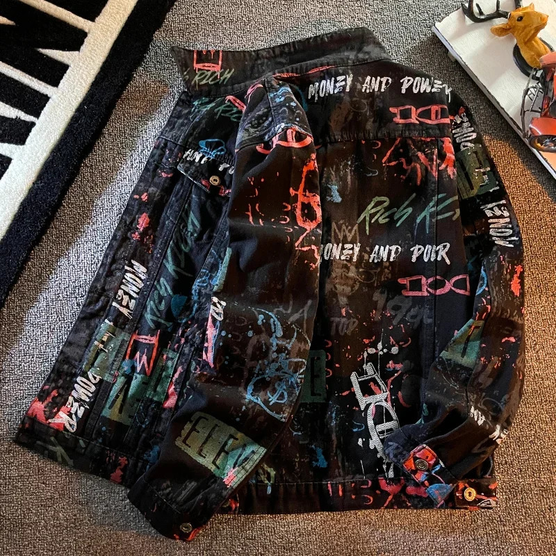 Hip Pop Leter graffiti denim jacket mens fashion spring punk clothing Korean Kpop trend slim top unisex casual 240824