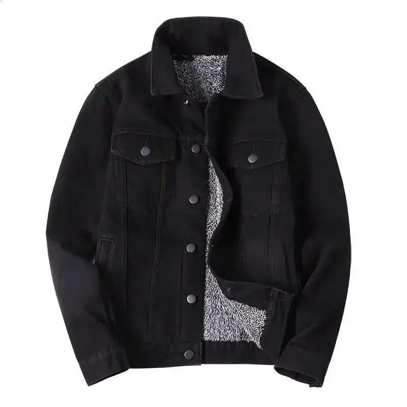 Mens Jean Coats with Sheep Mat Denim Jacket Wide Sleeve Black Wool Warm Winter Coat 240824