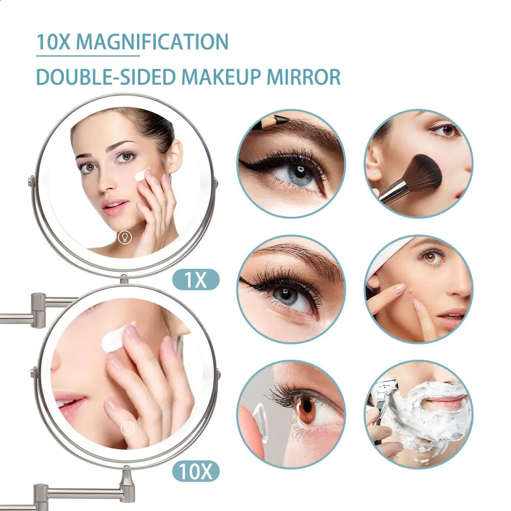8inch wall mounted bathroom mirror with adjustable LED makeup 10X magnifying touch 240729