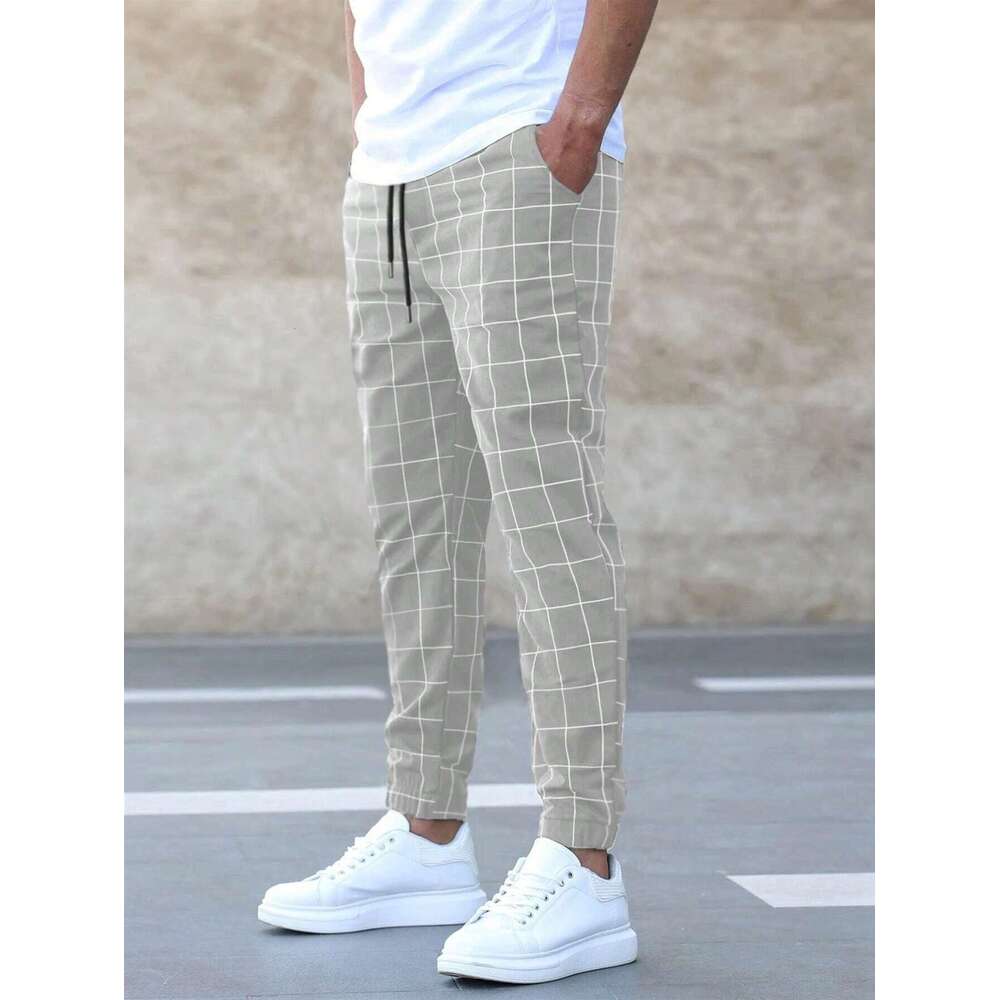 2024 New Street Trendy Checkered Casual Fashionable Perforated Rope Pants Simplicity Bound Feet Harlan Sweatpants Half Pants for Men Jeans for Pregnan