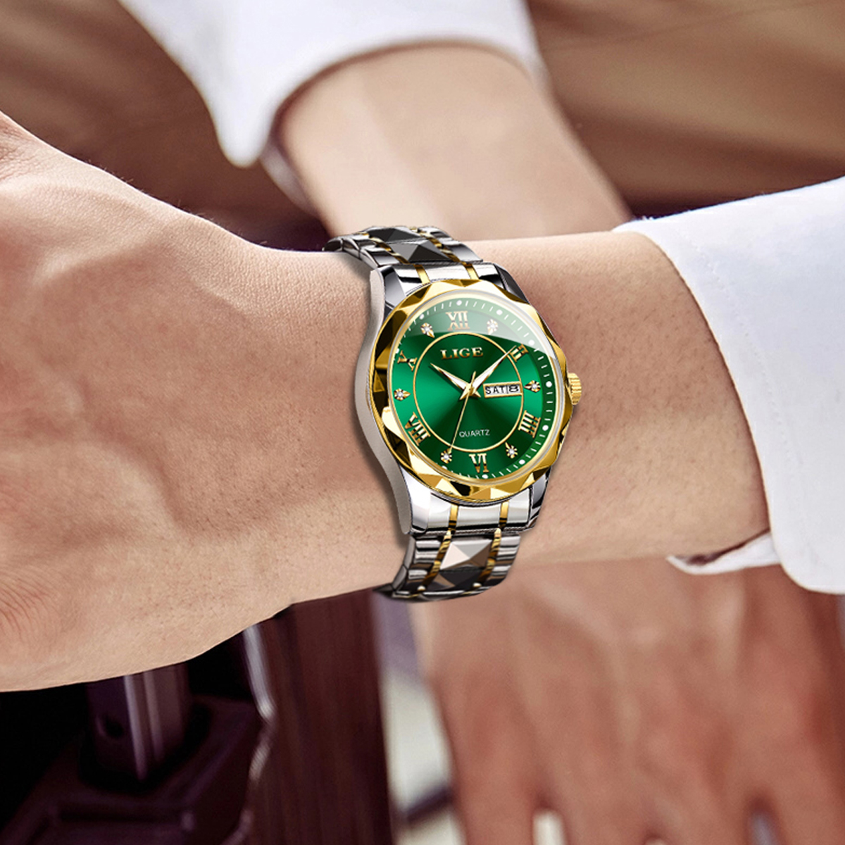 LIGE Men's Business Quartz Watch Premium Brand Watch Stainless Steel Diamond Strap Classic dial Men's waterproof watch Three pin calendar wa