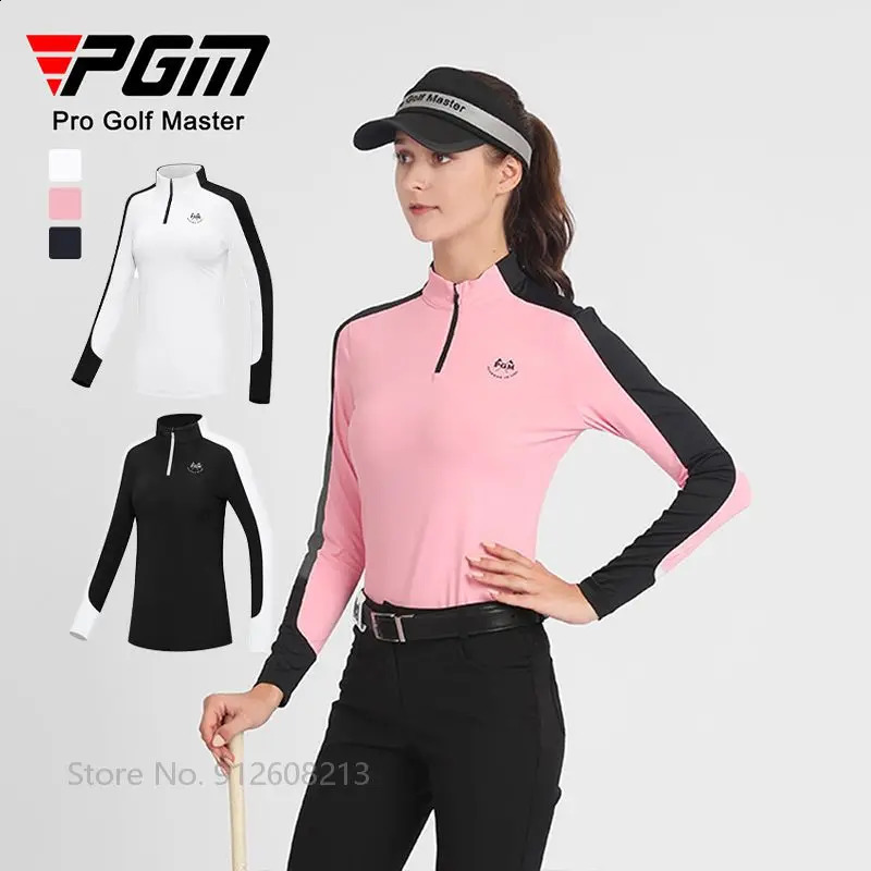 PGM Female Long-sleeved Patchwork Golf T-shirt Zipper Collar Golf Tops Elastic Warm Polo Shirts Women Slim Windproof Sportswear 240729