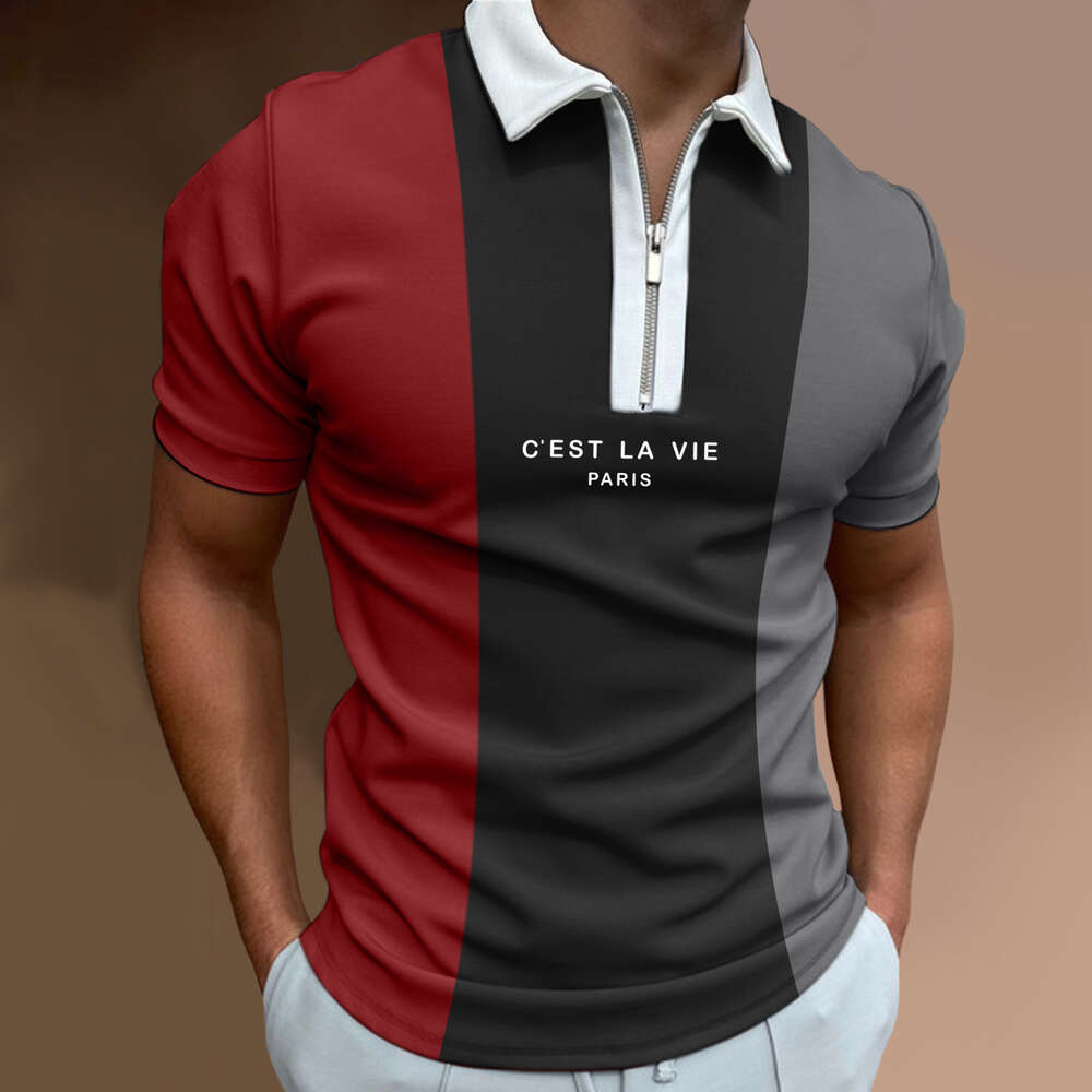 Summer men's zippered lapel 3D printed polo with multi-color casual color blocking short sleeved Polo shirt