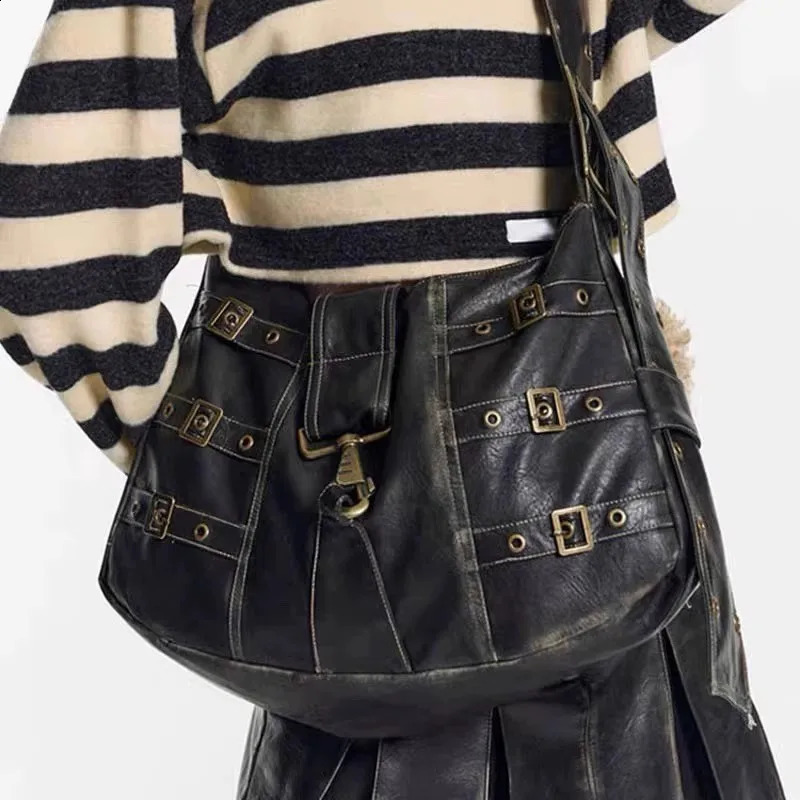 Y2k Emo Women Harajuku Gothic Black Hobo Hand Bag Vintage Motor Aesthetic Grunge PU Purses Shoulder Crossbody Handbags Bags 240805