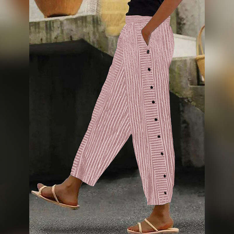 2024 New Womens Striped Casual Fashionable High Waisted Cropped Pants Small Leg Pants with Slight Elasticity Bound Feet Gold Velvet Pants Half Pants f