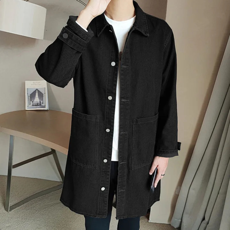 Medium length denim windproof jacket mens spring and autumn casual trench coat Korean fashion solid loose trendy 240824