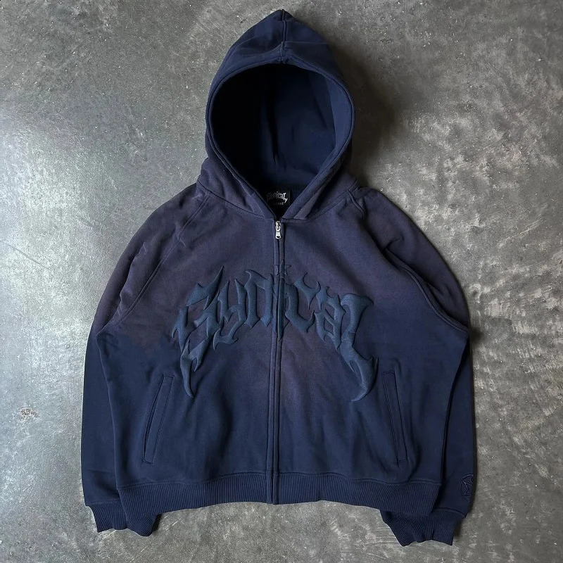 Harajuku High Street Vintage Letter Print Y2k Zip Hoodies Men Loose Sweatshirt Unisex Casual Joker Pullovers Hoodie Tops 240805