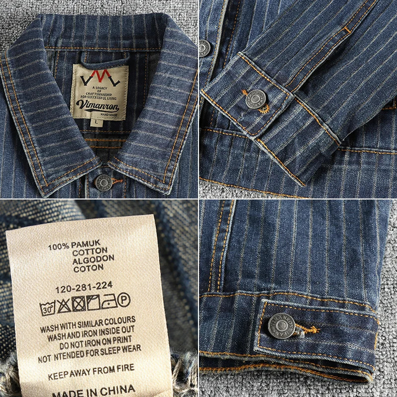 Autumn and winter American retro mens striped washed out casual denim jacket loose 240824