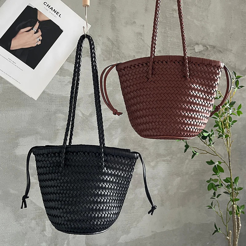 Summer One Shoulder Brown Woven Bag Women Seaside Sle Retro Premium Genuine Leather Vegetable Basket 240802