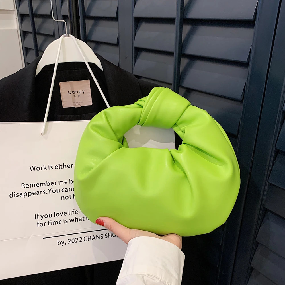 Women Small Knotted Handbags Solid Color PU Leather Knot Top Handle Bag Simple Cloud Wrist for Party Vacation 240802