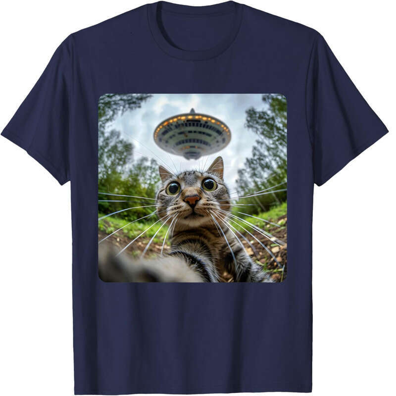 Fashion T shirt Mens Extraterrestrial Encounter: Cat Selfie with Alien UFO T-Shirt shirts tshirt graphic tee Casual tops summer clothes Short sleeve F