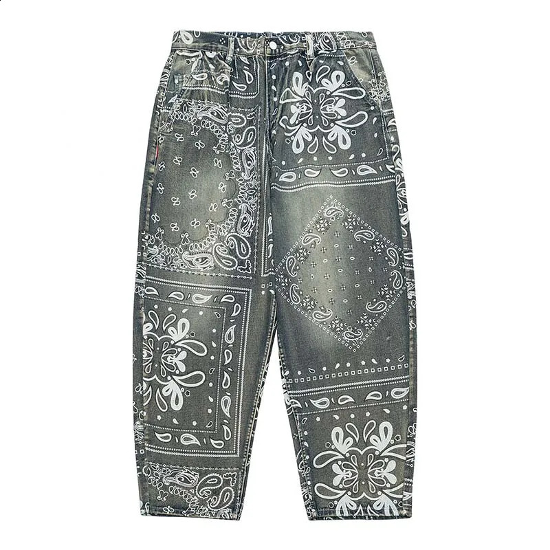 Paisley Printed Baggy Jeans Pants Men Hip Hop Vintage Streetwear Denim Trousers Blue 240805