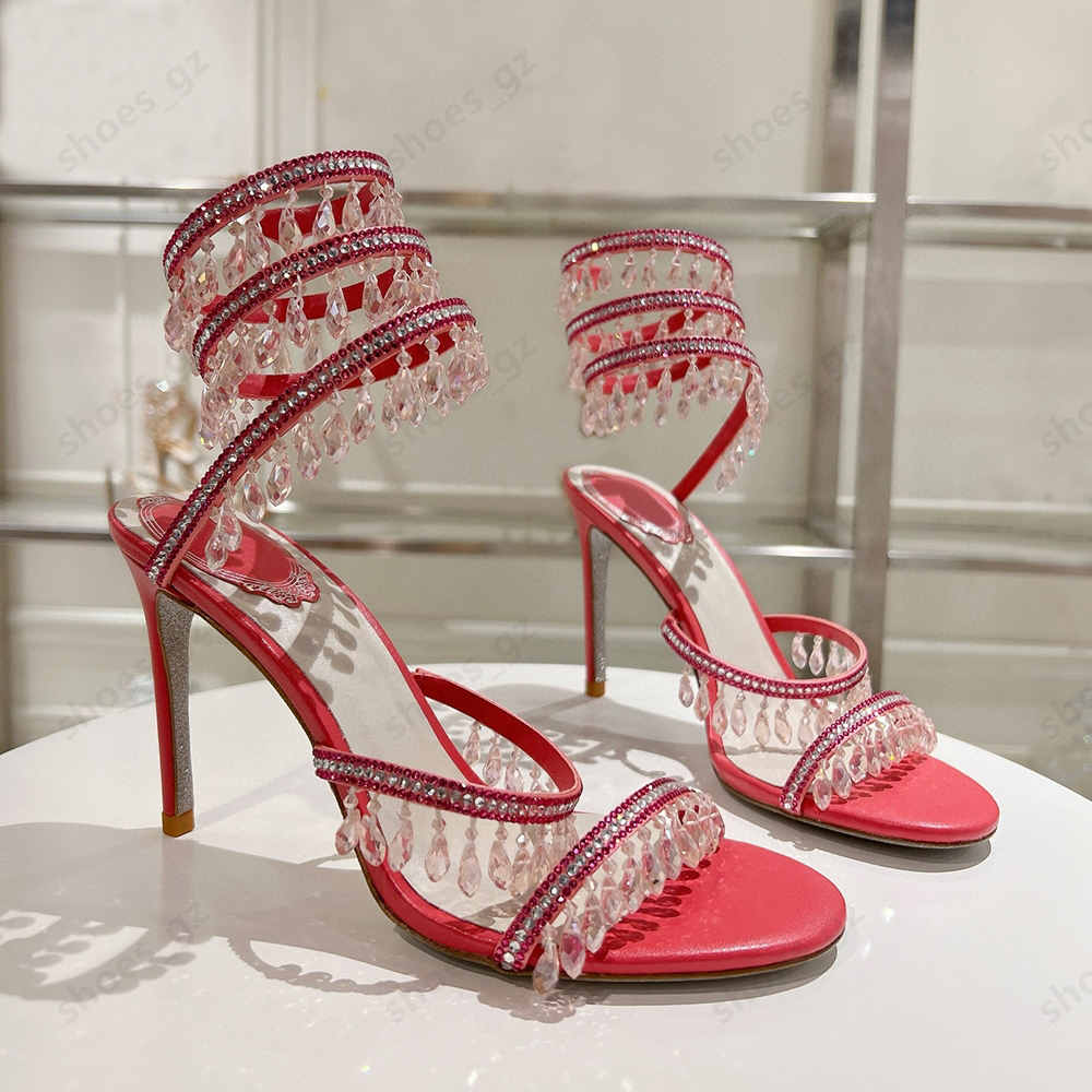 Crystals Embellished stiletto Heels sandals 95mm Ankle strap Wraparound women high heeled sandal rhinestone flower Evening shoes Large size 34-43 Bring box