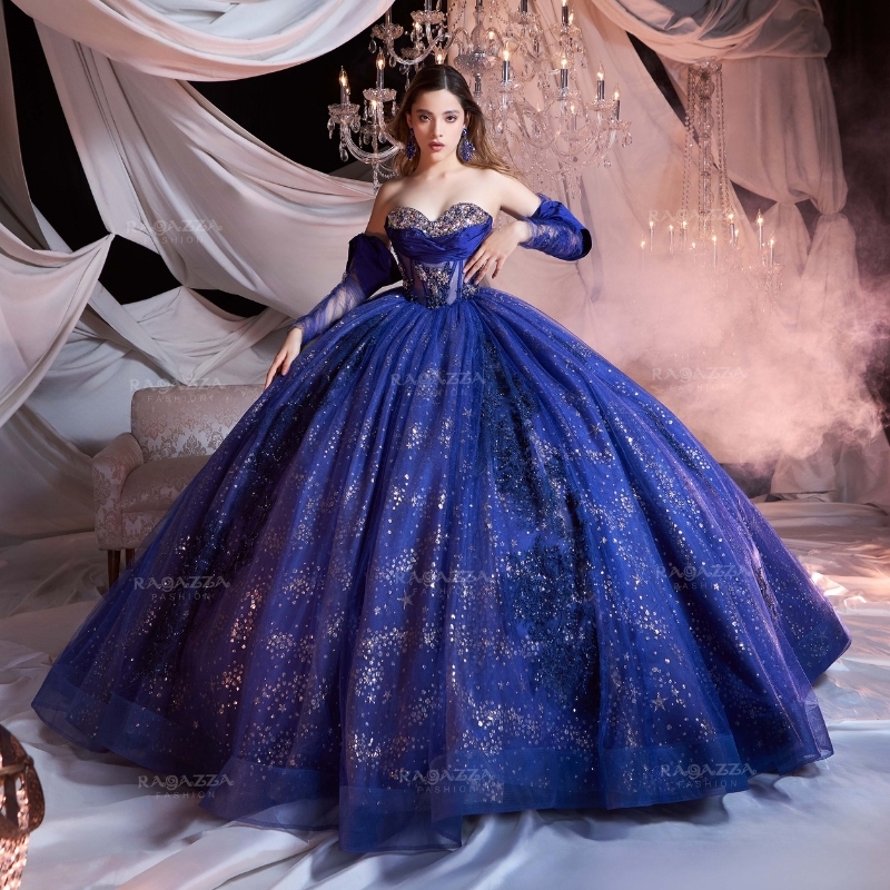 Navy Blue Shiny Quinceanera Dresses 2025 Beads Crystal Tull Sweethear Princess Sweet 15 16 Year Birthday Party Gown Gift vesti