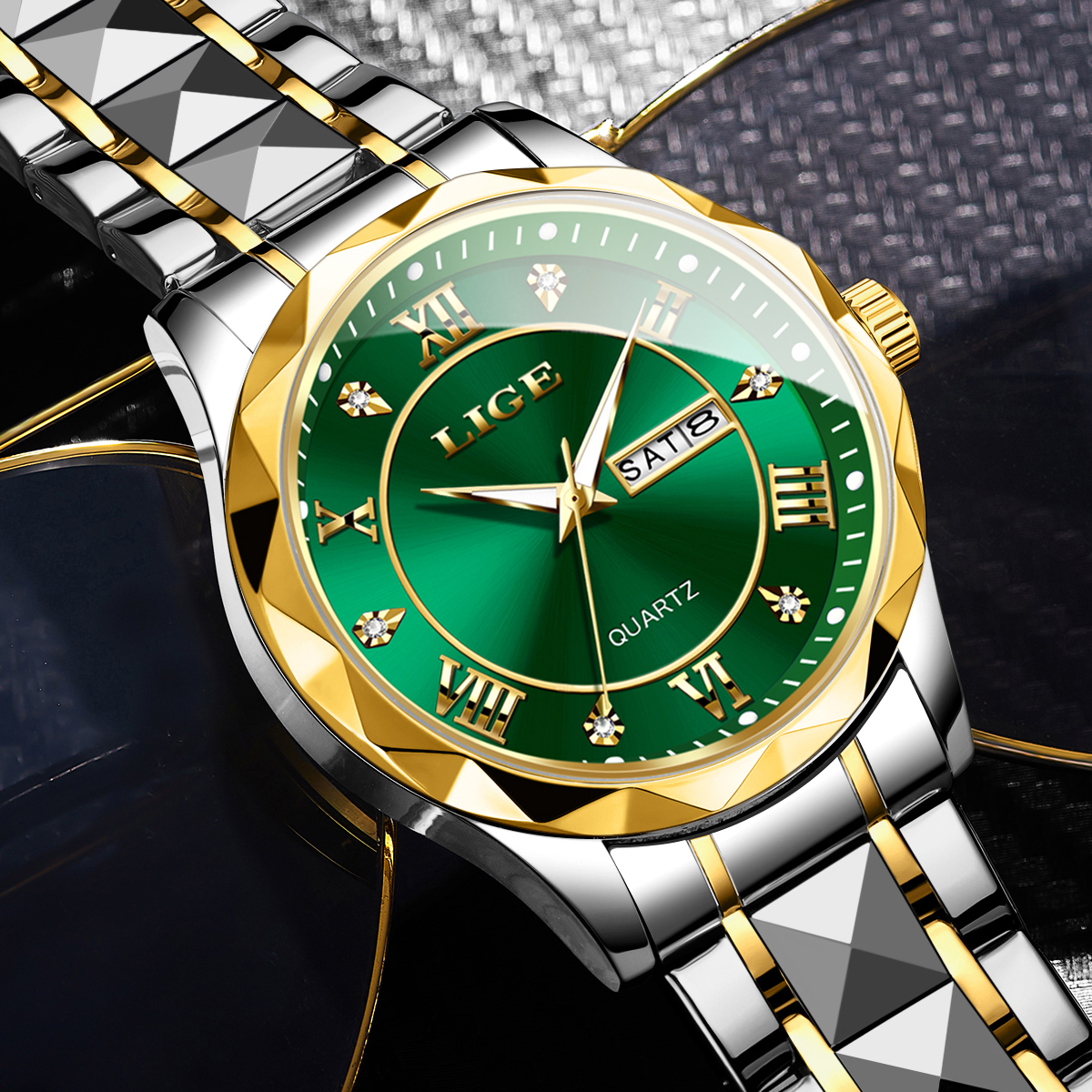 LIGE Men's Business Quartz Watch Premium Brand Watch Stainless Steel Diamond Strap Classic dial Men's waterproof watch Three pin calendar wa