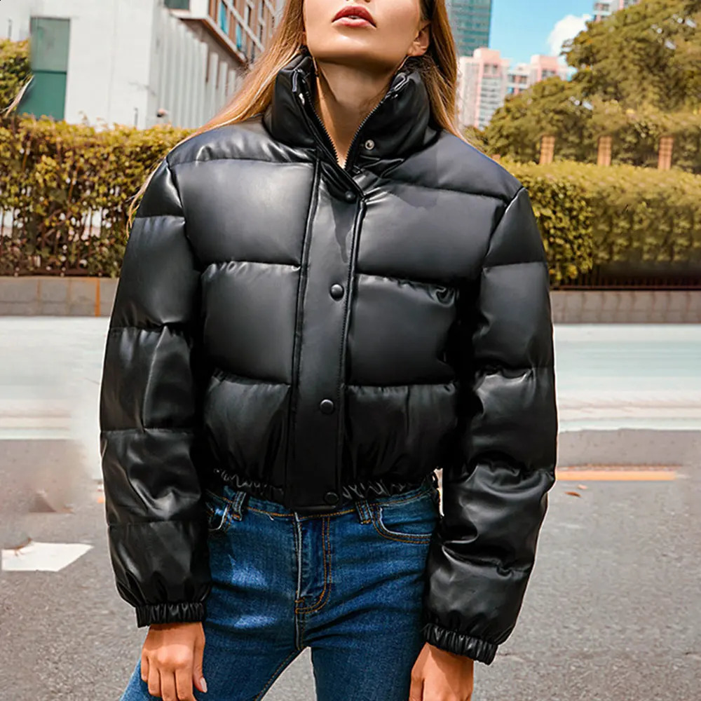 Womens Black PU Leather Cropped Puffer Jacket Winter-Ready Warm Style