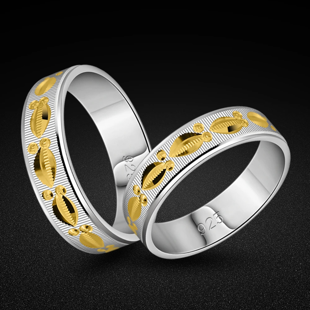 925 Silver Couple Lovers Rings for Women Men Vintage Punk Gold Pattern Finger Ring Fashion Jewelry Anniversary Birthday Gift 240905