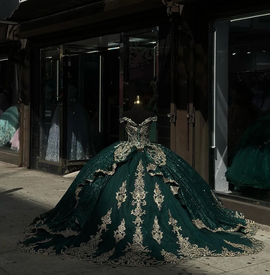 Dark green princess quinceanera dresses prom ball gown off shoulder glitter sequins vestido de quinceanera gold appliqued 15 Masquerade Dress