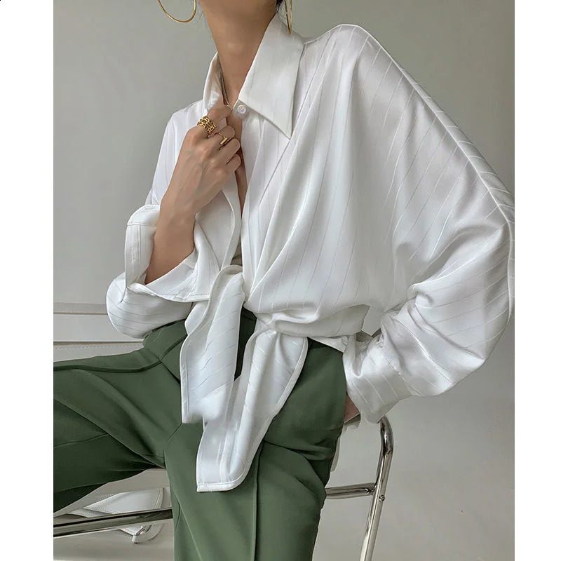 Fashion Striped Satin Silk Shirt Vintage Lapel Up Blouse Women Lady Long Sleeves Female Loose Solid Street Shirts 240805