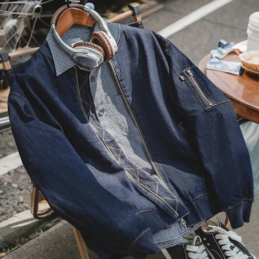 Maden retro denim MA1 flight jacket 89 oz baseball collar bomber Amekaji casual windproof mens clothing 240824
