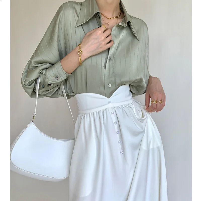 Fashion Striped Satin Silk Shirt Vintage Lapel Up Blouse Women Lady Long Sleeves Female Loose Solid Street Shirts 240805