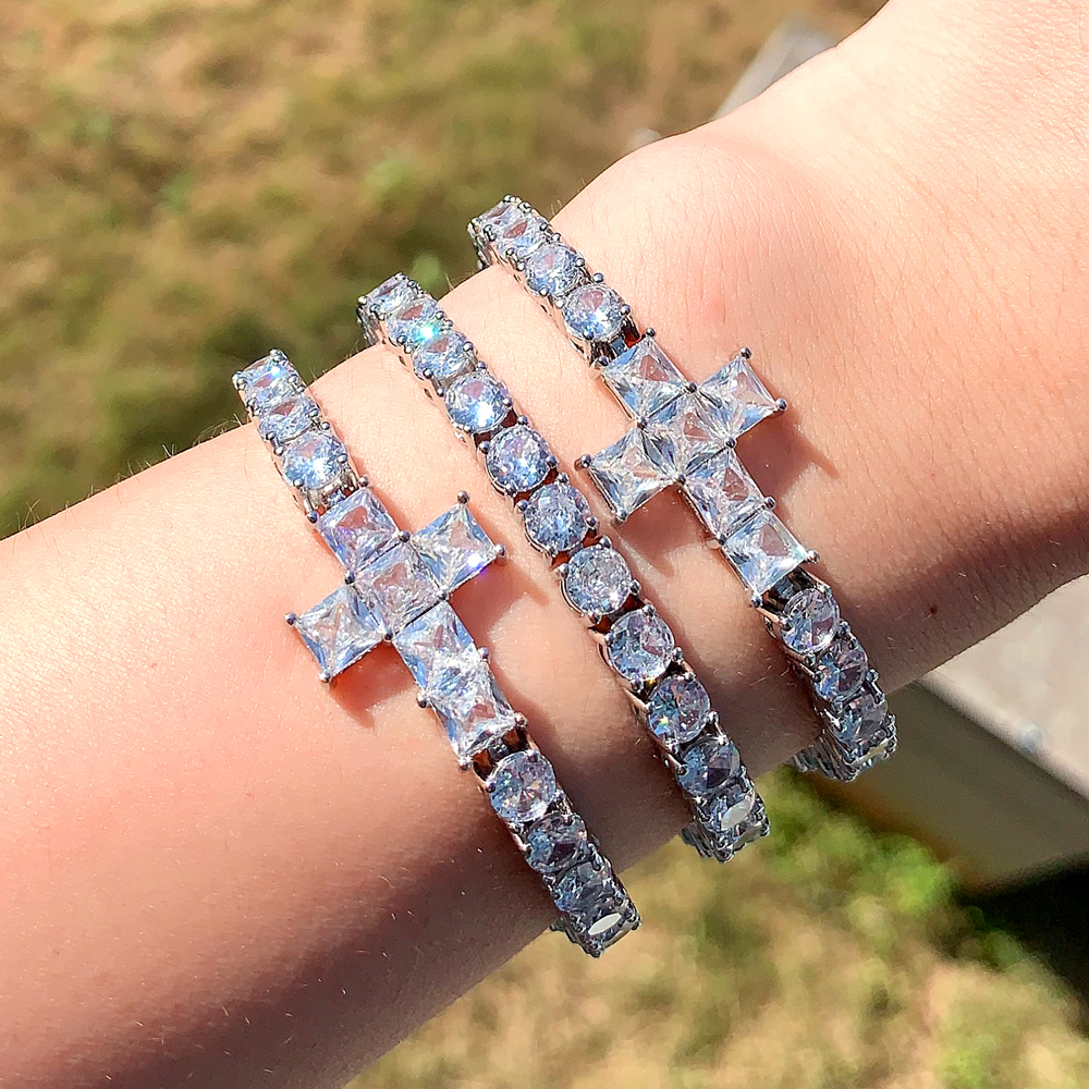 Mens Iced Out Bg Hip Hop Jewelry CZ Tennis Chain Cross Charm Bracelet Sparkg 5A Cubic Zirconia