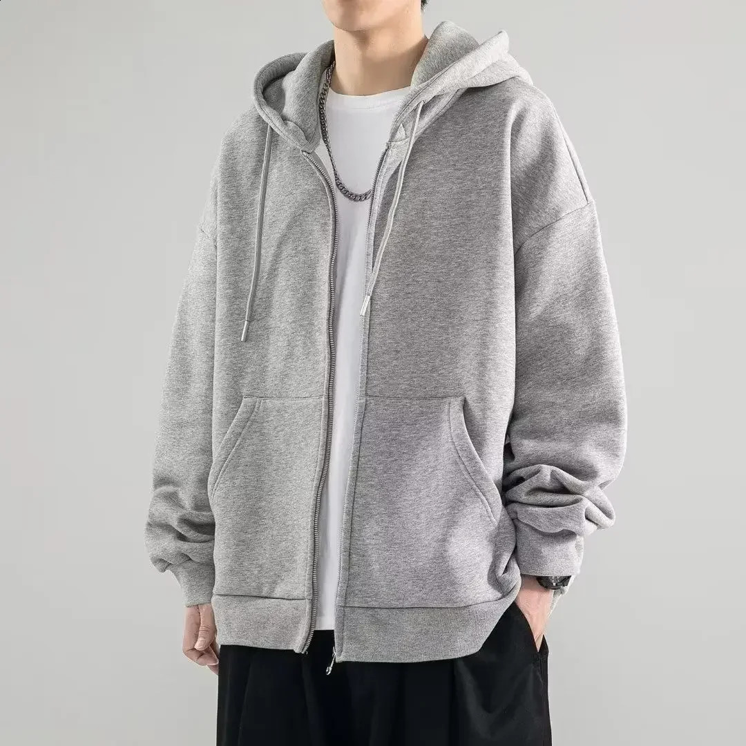 Male Clothes Black Solid Sweatshirt For Men Full Zip Up Hooded Hoodies Winter Young On Sale Offers High Quality Korean Style S 240816