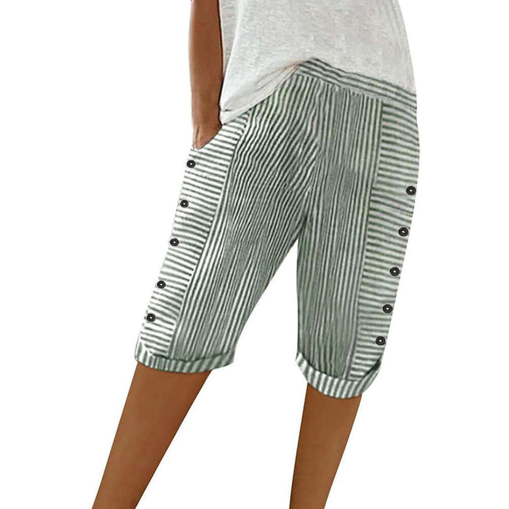 Womens Striped Printed Summer Knee Length Bermuda Casual Elastic Waist Button Shorts Hip-hop Style and Sweat Pants Unisex Waterproof Trousers Man