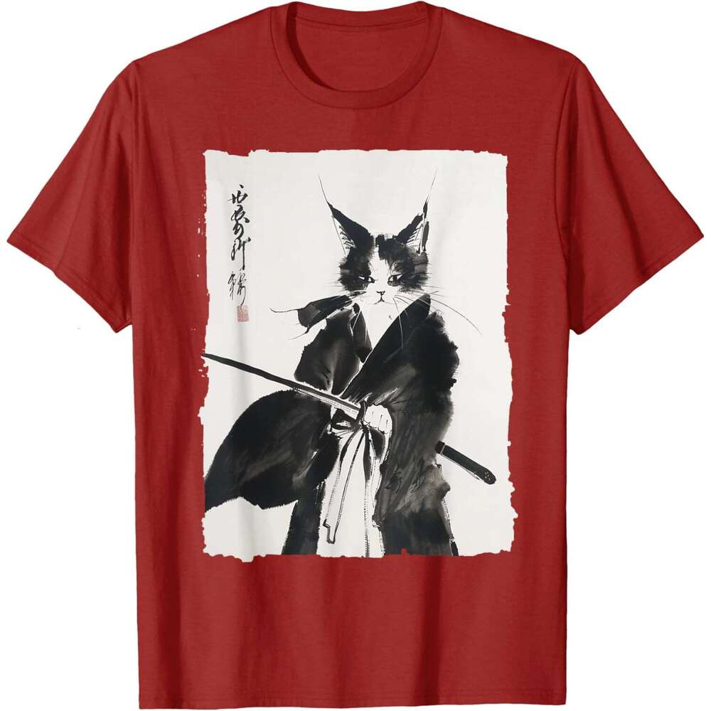 T shirt Mens Samurai Tee: Vintage Ukiyo-e Warrior Graphic Cat Art T-Shirt shirts tshirt graphic tee Casual tops summer clothes Short sleeve Free shipp