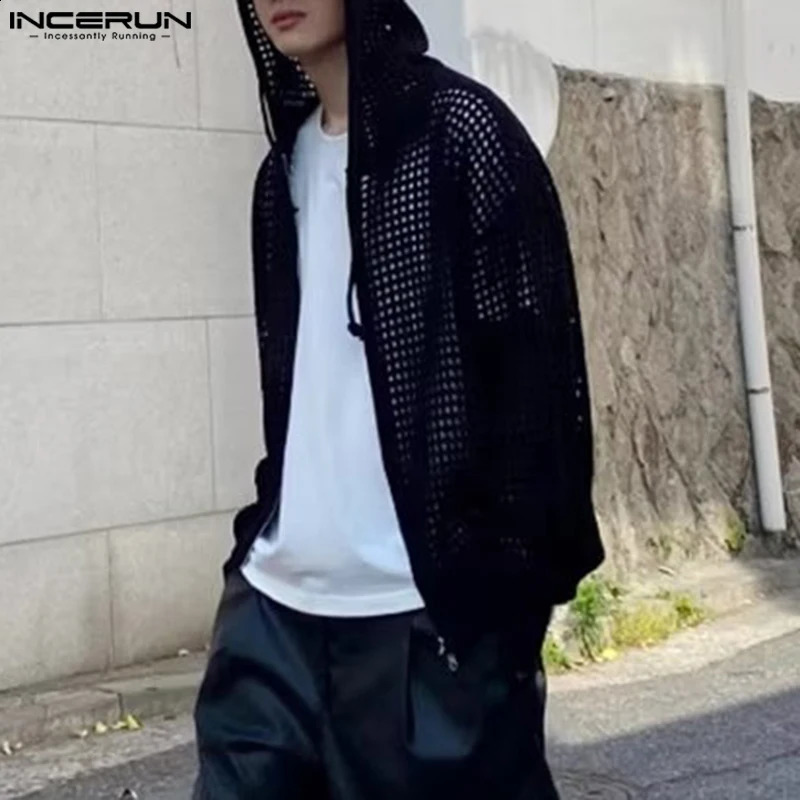 Men Hoodies Mesh Hollow Out Transparent Hooded Long Sleeve Zipper Sweatshirts Streetwear Solid Casual Cardigan Men INCERUN 240805