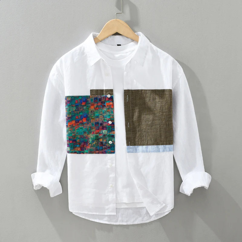 2411 Mens Spring Retro Shirt with Chinese Retro Style Printed Creative Patchwork Long Sleeve Premium Selection 100% Linen Shirt240802