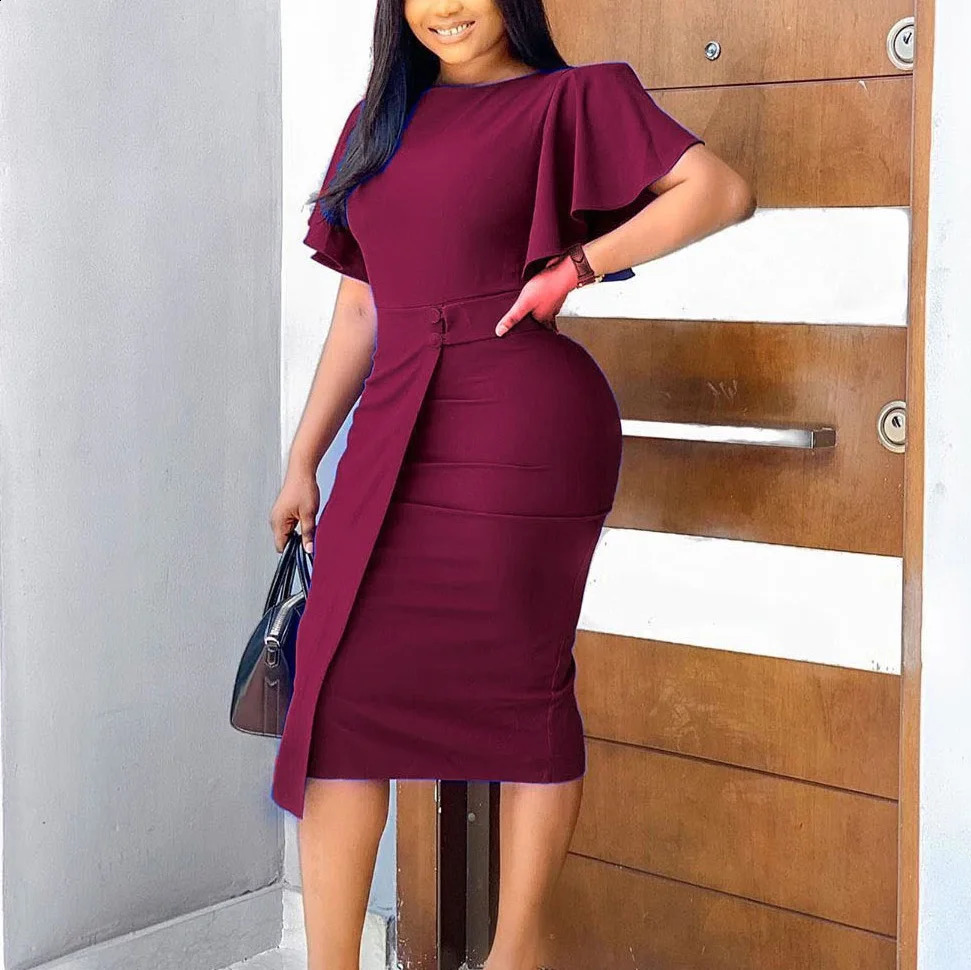 Office Dresses for Woman Elegant Stylish 2024 O Neck Ruffles Sleeve Buttons Sheath Mid Calf Professional Work Dress Midi 240805