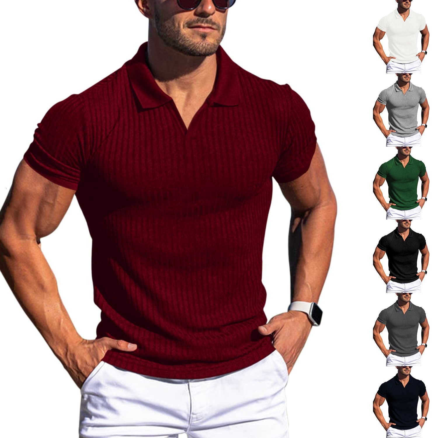 Summer new V-neck short sleeved polo shirt with a collar and vertical stripes men's T-shirt