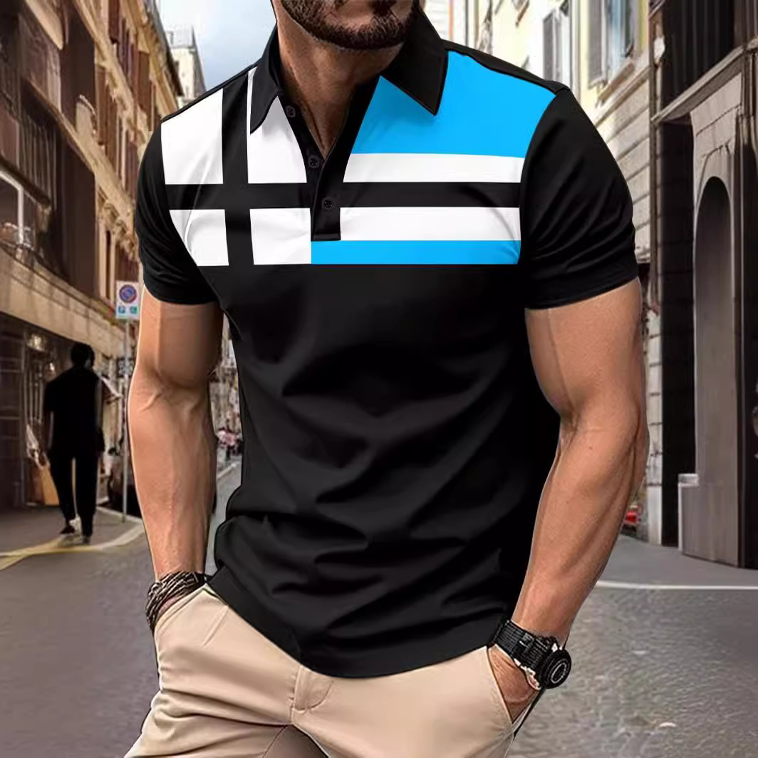 2024 short sleeved striped 3D printed Polo casual men's top