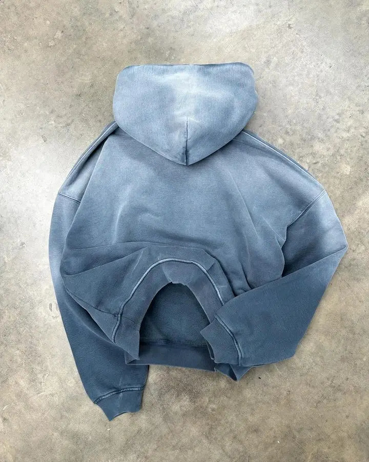 Retro Blue Tie Dye Washed Hoodie Gothic Punk Sweatshirt Men and Women Pullover Clothes Casual Loose Hoodies Tops Streetwear 240812