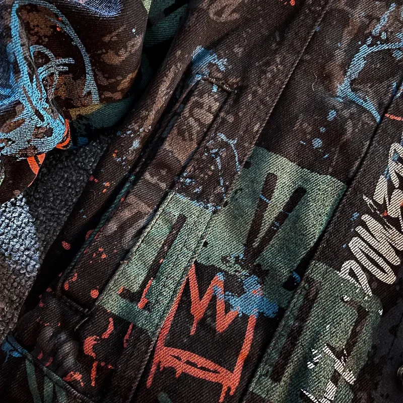 Hip Pop Leter graffiti denim jacket mens fashion spring punk clothing Korean Kpop trend slim top unisex casual 240824