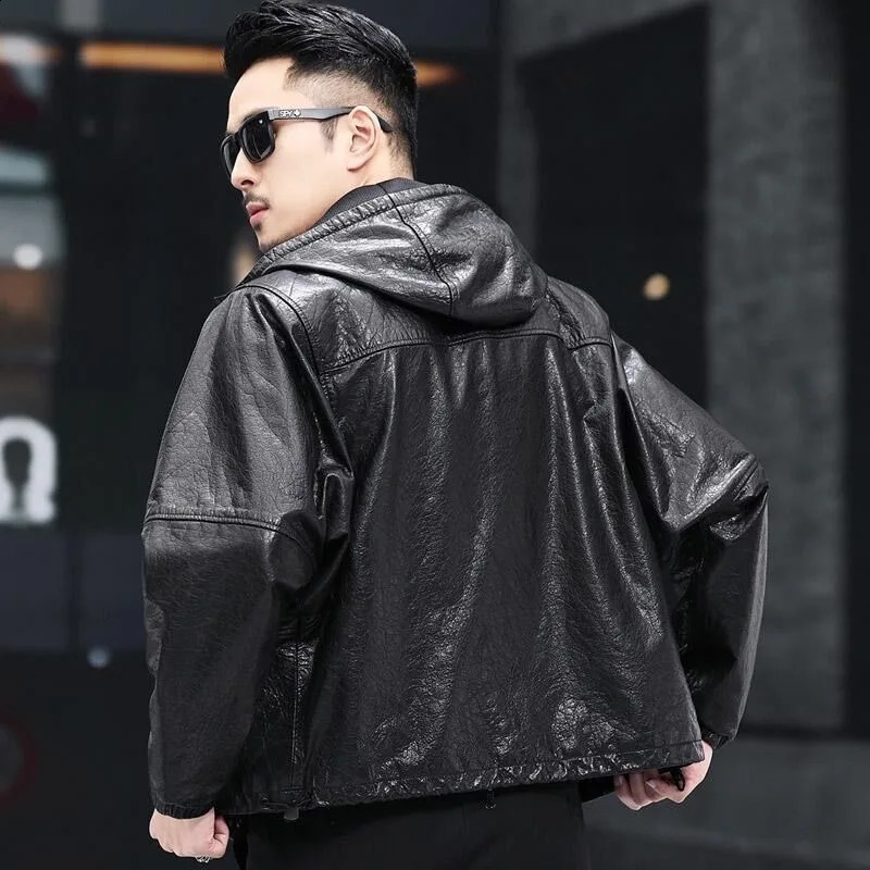 Winter sheep leather coat man hooded bat sleeve casual loose short motorcycle leather jacket 240816