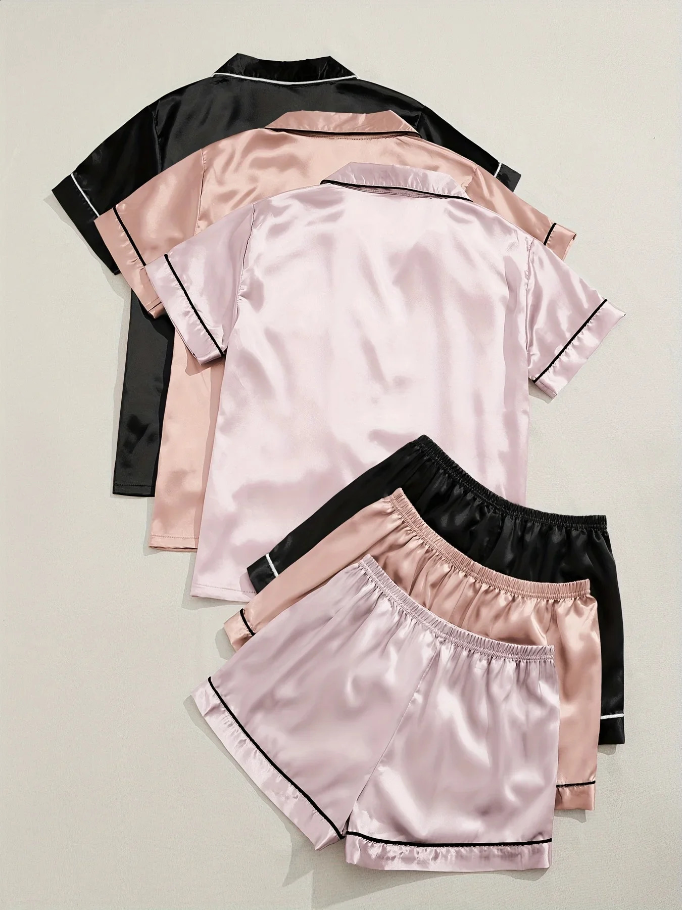 Satin Pajama Set for Women 3 Sets Short Sleeve Lapel Top and Elastic Waistband Shorts Soft Sleepwear Loungewear Summer Pjs Sets