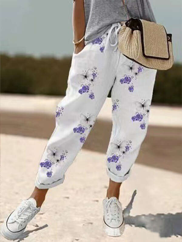 2024 Womens Printed Cotton and Hemp Casual Pants Multi-color Optional Bound Feet Nine Points Hip-hop Style Half Pants for Men and Sweat Pants Unisex