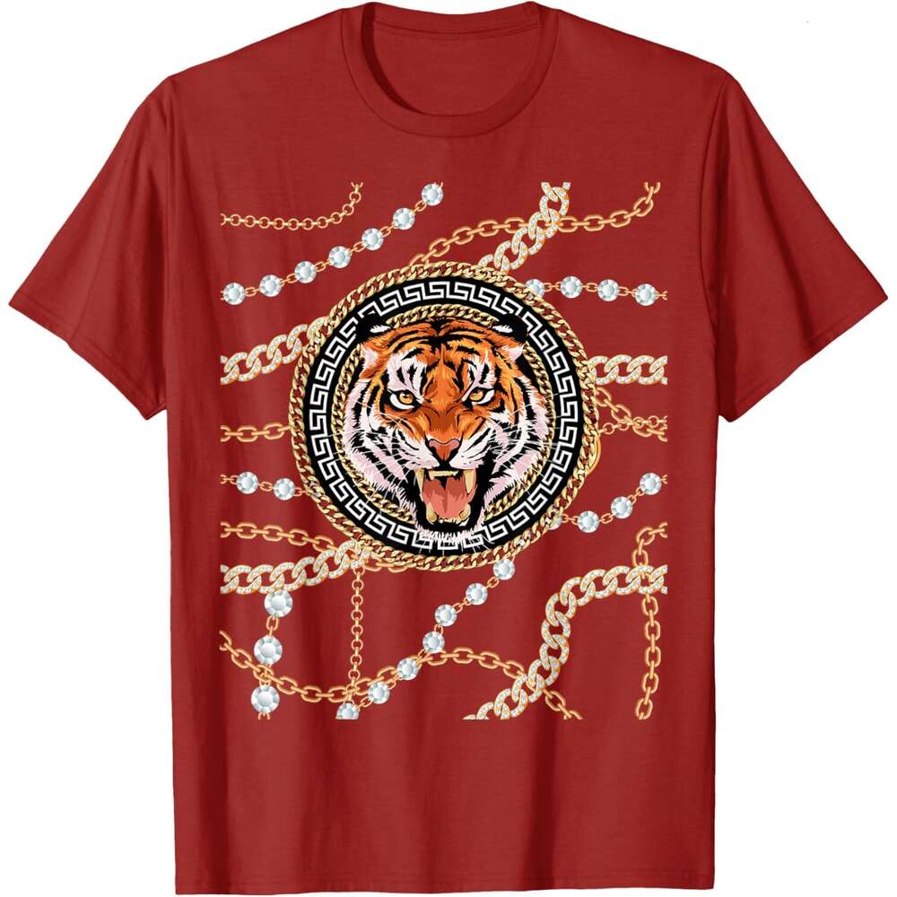T shirt Mens Rich Wild Tiger with Printed Gold Chains Diamonds Style T-Shirt shirts tshirt graphic tee Casual tops summer clothes Short sleeve
