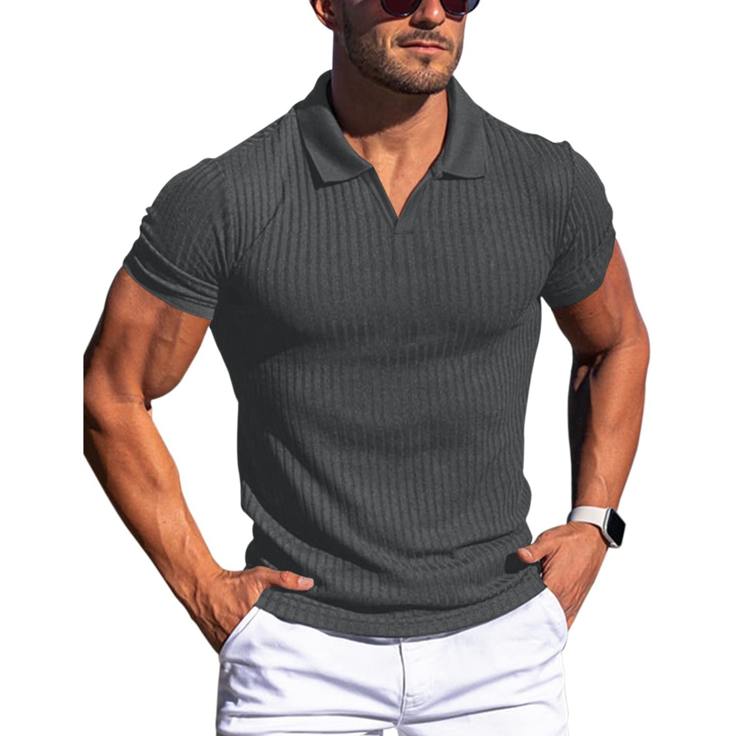 Summer new V-neck short sleeved polo shirt with a collar and vertical stripes men's T-shirt