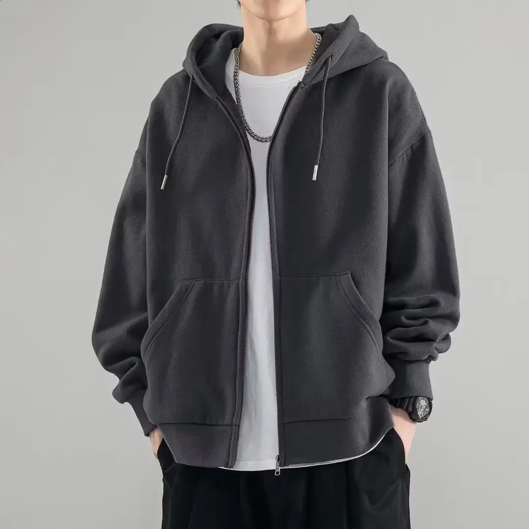 Male Clothes Black Solid Sweatshirt For Men Full Zip Up Hooded Hoodies Winter Young On Sale Offers High Quality Korean Style S 240805