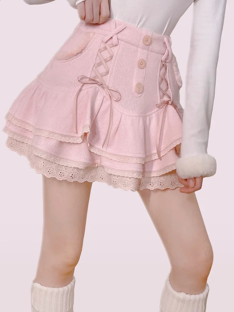 Japanese Kawaii Lolita Mini Skirt Women Winter Lace Casual Elegant Sweet Female Skirt High Waist Bandage Korean Skirt 2024 240805