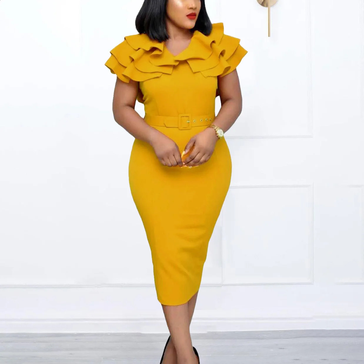 Elegant Bodycon Dresses for Women V Neck Ruffles Belt Waisted Bandage Mid Calf Package Hips Africcan Business Work Wear Dress OL 240805