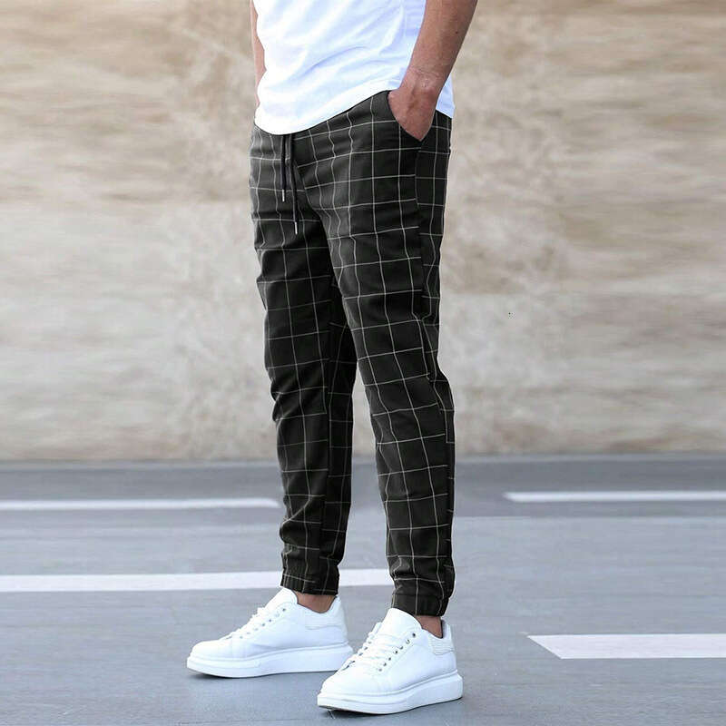 2024 New Street Trendy Checkered Casual Fashionable Perforated Rope Pants Simplicity Bound Feet Harlan Sweatpants Half Pants for Men Jeans for Pregnan