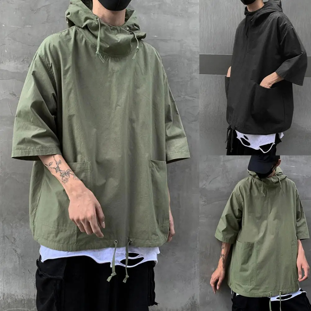 Drop Mens Pullover Hooded Half Sleeve Top Soft Big Pocket Loose T-shirt for Everyday 240805
