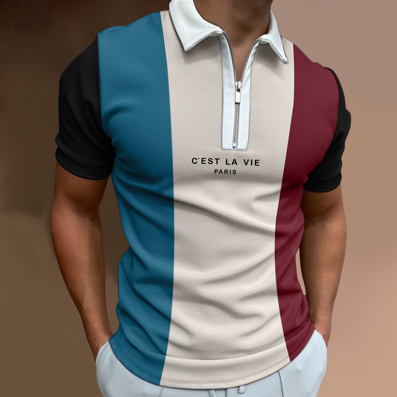 Summer men's zippered lapel 3D printed polo with multi-color casual color blocking short sleeved Polo shirt