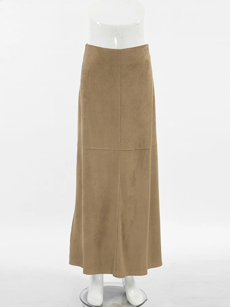 Aynaray Autumn Winter Women Maxi Suede Skirts Solid Khaki High Waist Flare Trumpet Long Skirt For Women 240805